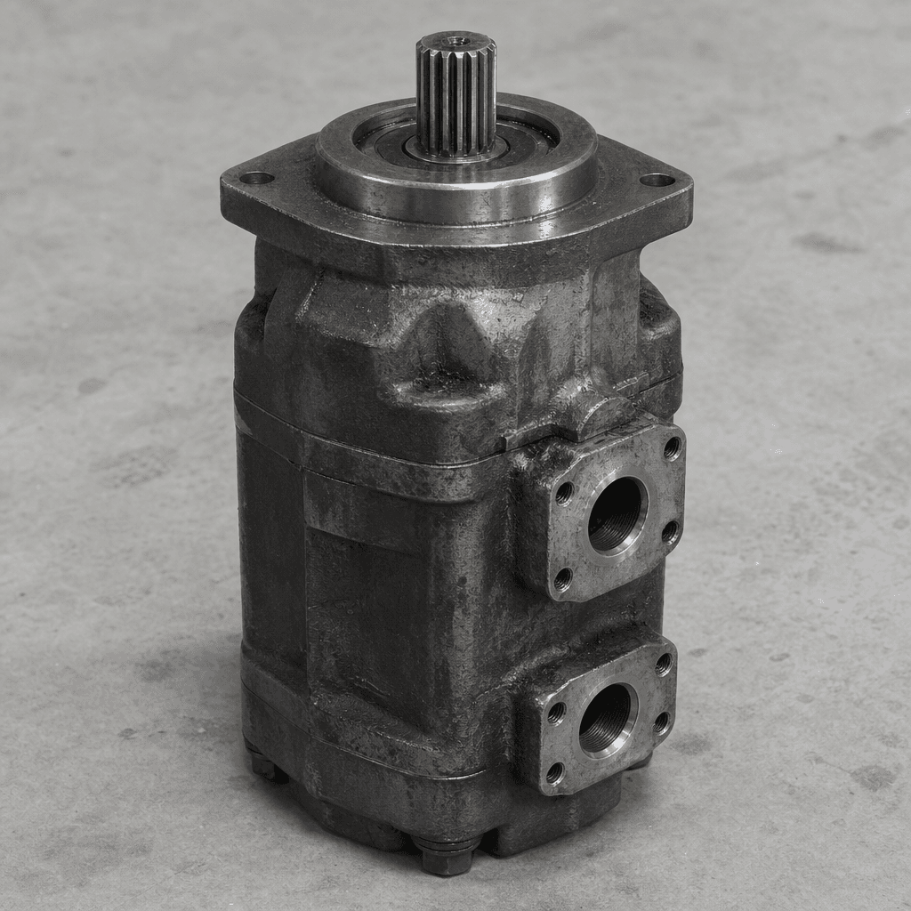 A used excavator hydraulic piston pump standing on a concrete floor