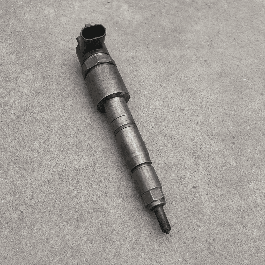 Un injecteur diesel d'occasion posé sur un sol en béton
