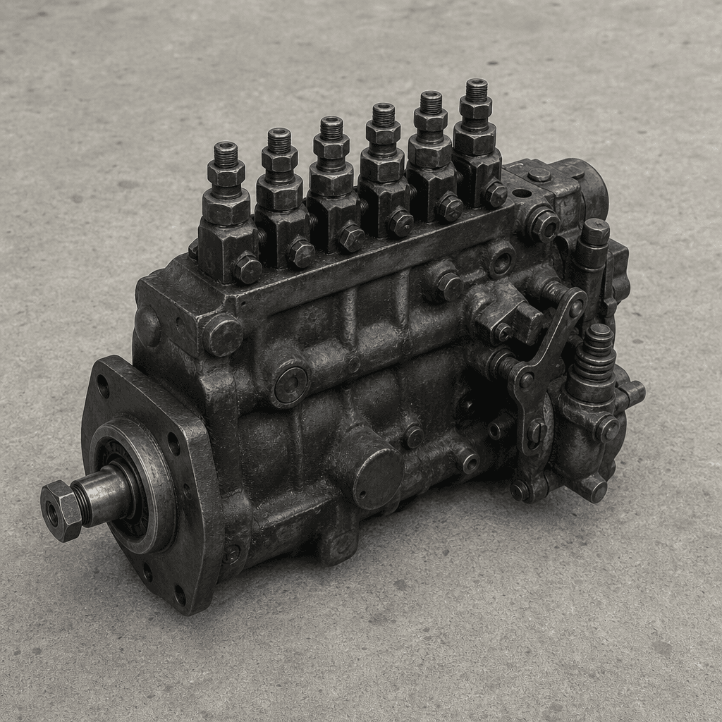 A used diesel fuel injection pump on a steel workbench